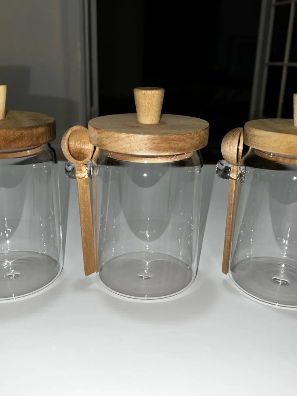 9pc Piscepio Glass Canister Set w/Airtight Bamboo Lids & Wood Spoons EUC